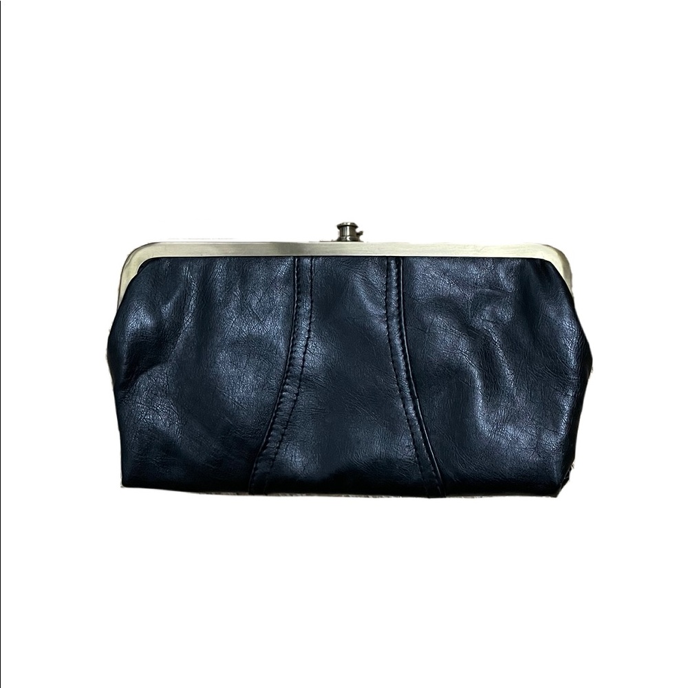 Black leather clutch with bronze hardware